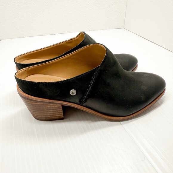 UGG Lovisa Leather Mule Clogs Black Slip On Block Heel Comfort US Size 6 Women - Picture 4 of 10